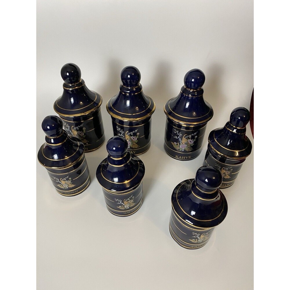 Sir Seramik Set 7 Spice Jars Cobalt Gold, Turkey Art Deco Colorful Canisters - Picture 2 of 15